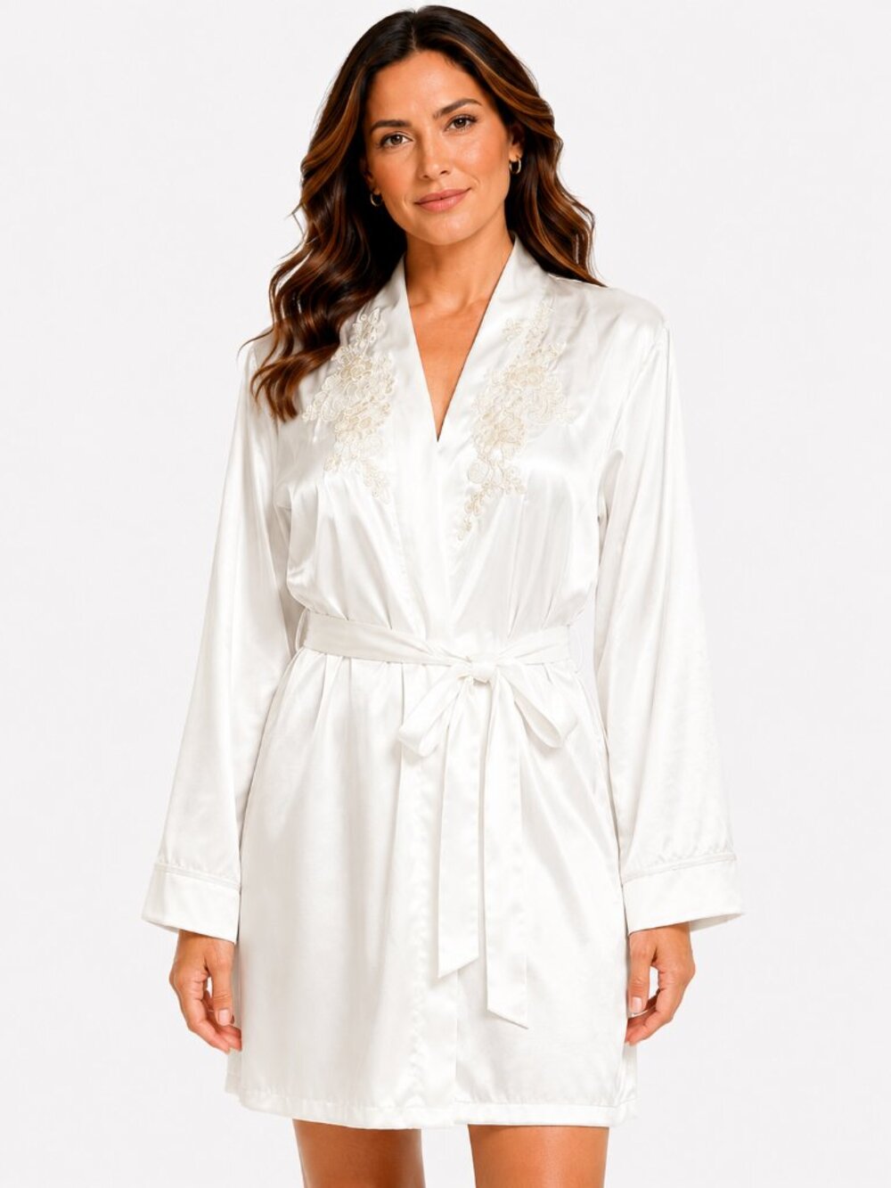 NEW Linea Donatella Ivory Satin Bridal Robe Floral Lace Appliqué L/XL